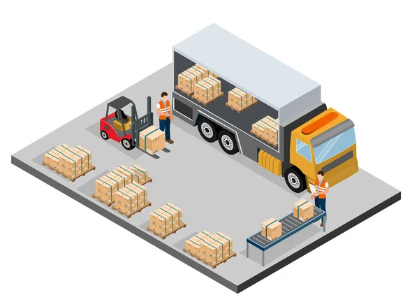 Nowoczesna Płaska Koncepcja Izometryczna Magazynu Logistic Pracownikami Ładującymi Produkty Ciężarówki — Wektor stockowy