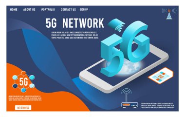 Web sitesi ve mobil web sitesi için 5G konsepti olan modern Isometric yüksek teknolojili akıllı telefon. Düzenlemek ve kişiselleştirmek kolay. Vektör illüstrasyonu