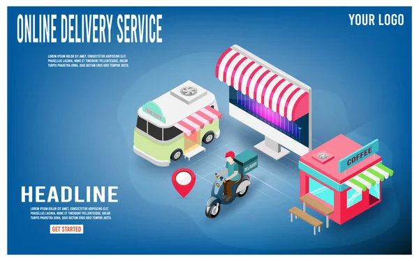 Online Delivery Service Concept Delivery Man Ride Scooter Delivering Parcel — Stock Vector