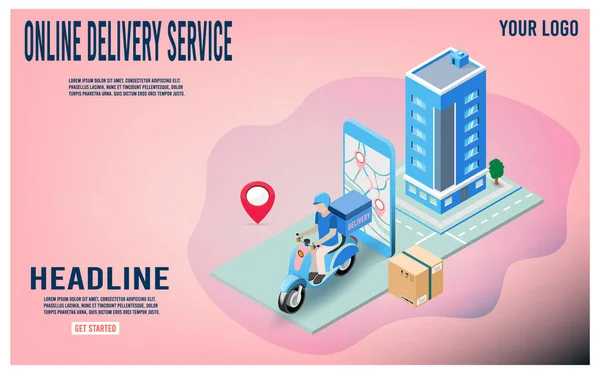 Online Delivery Service Concept Delivery Man Ride Scooter Delivering Parcel — Stock Vector