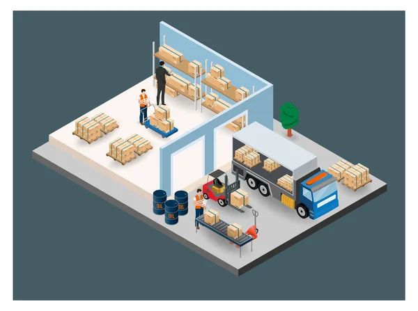 Concepto Isométrico Diseño Plano Moderno Warehouse Logistic Con Los Trabajadores — Vector de stock
