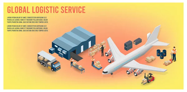 Modern Global Logistiktjänst Isometriskt Koncept Med Export Import Lagerverksamhet Transport — Stock vektor