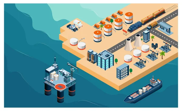 Petrol ve doğalgaz rafinerisi konsepti 3D izometrik off-shore petrol platformu, tanker, pompa, ulaşım, fabrika ve benzin istasyonu. Vektör illüstrasyonu.