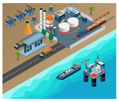 Petrol ve doğalgaz rafinerisi konsepti 3D izometrik off-shore petrol platformu, tanker, pompa, ulaşım, fabrika ve benzin istasyonu. Vektör illüstrasyonu.