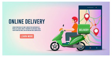Çevrimiçi dağıtım hizmeti konsepti. Teslimatçı Scooter 'la paket teslimatı. vektör illüstrasyonu.