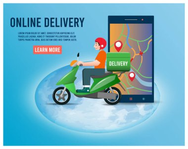 Çevrimiçi dağıtım hizmeti konsepti. Teslimatçı Scooter 'la paket teslimatı. vektör illüstrasyonu.