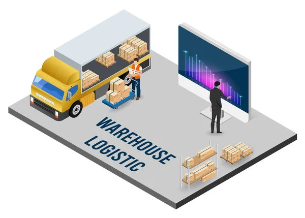 Nowoczesna Płaska Koncepcja Izometryczna Magazynu Logistic Pracownikami Ładującymi Produkty Ciężarówki — Wektor stockowy