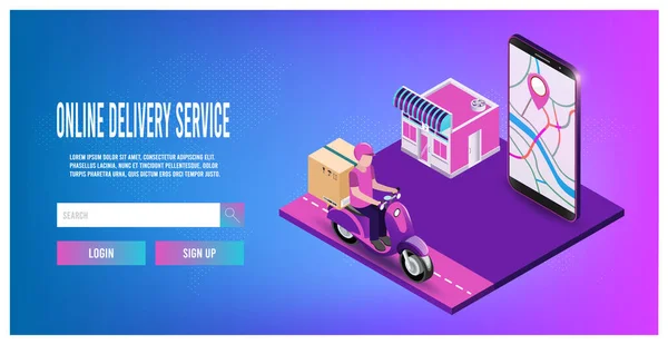 Entrega Expressa Por Scooter Celular Com Caixa Encomendas Conceito Serviço — Vetor de Stock