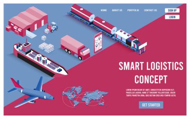 Web sitesi ve mobil web sitesi için küresel lojistik ortaklığı olan modern düz tasarım izometrik Akıllı Lojistik konsepti. Düzenlemek ve kişiselleştirmek kolay. Vektör illüstrasyonu