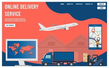 İniş sayfaları, web sitesi ve mobil web sitesi için forklift, uçak ve kamyon tasarımlı modern daire tasarımı konsepti. Düzenlemek ve kişiselleştirmek kolay. Vektör illüstrasyonu