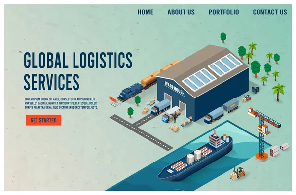 Entrepôt Logistique Moderne Isometric Global Service Livraison Bâtiment Stockage Chariots — Image vectorielle