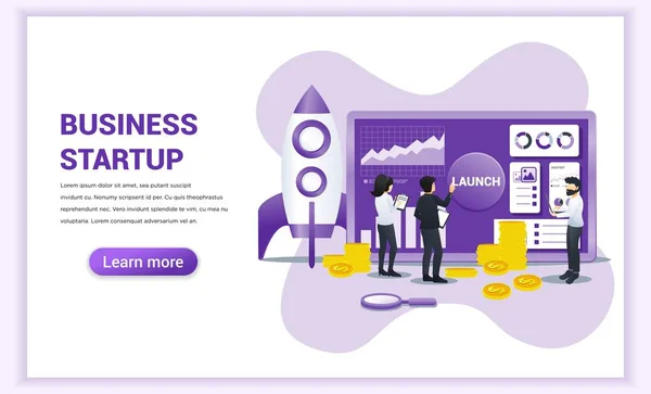 Conceito de start-up de negócios com pessoas trabalhando na tela se preparando para uma startup de lançamento para negócios — Vetor de Stock