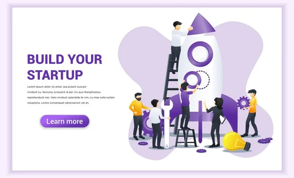 Business start up web design de conceito de banner com as pessoas estão trabalhando juntos a construção de um foguete para o lançamento de novos negócios — Vetor de Stock