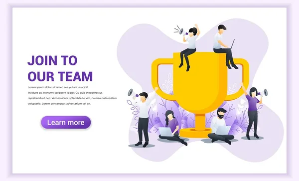 Unisciti al nostro concetto di banner web team. persone vicino al grande trofeo sono alla ricerca di partner e nuovi membri — Vettoriale Stock