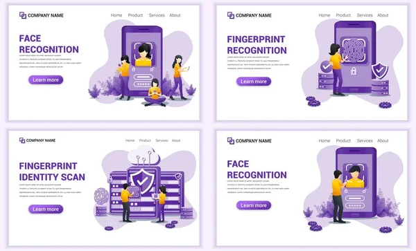 Yüz ve Parmak izi tanıma için web sayfası tasarım şablonları, biyometrik tanımlama. Web afişi, poster, bilgi grafikleri, iniş sayfası, web şablonu için kullanılabilir. Düz vektör illüstrasyonu