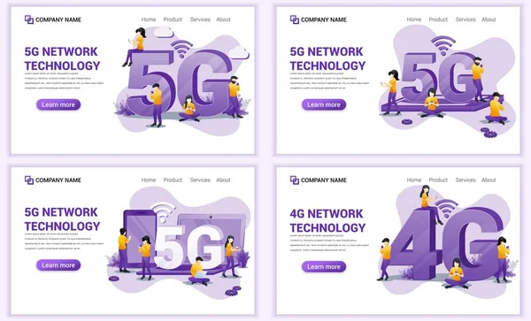 5Gネットワーク技術 インターネットシステム通信用のWebページ設計テンプレートのセット Webバナー ポスター インフォグラフィック ランディングページ Webテンプレートに使用できます 平面ベクトル図 — ストックベクタ