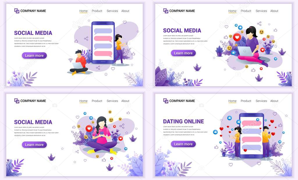 Set of web page design templates for social media concept. Can use for web banner, poster, infographics, landing page, web template. Flat vector illustration