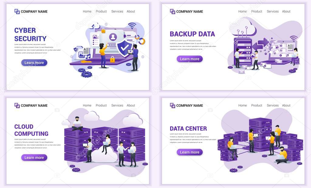 Set of web page design templates for backup data, cloud computing, cyber security, computer device security, data center, data management services. Can use for web banner, poster, infographics, landing page, web template. Flat vector illustration