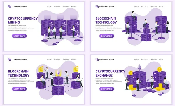 Set Web Page Design Templates Block Chain Cryptocurrency Concept Can — ストックベクタ