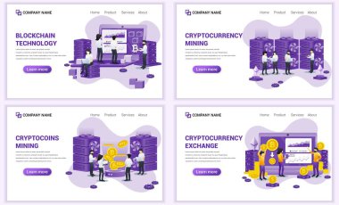 Blok zinciri ve Kripto para birimi konsepti için web sayfası tasarım şablonları. Web afişi, poster, bilgi grafikleri, iniş sayfası, web şablonu için kullanılabilir. Düz vektör illüstrasyonu
