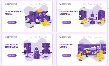 Blok zinciri ve Kripto para birimi konsepti için web sayfası tasarım şablonları. Web afişi, poster, bilgi grafikleri, iniş sayfası, web şablonu için kullanılabilir. Düz vektör illüstrasyonu
