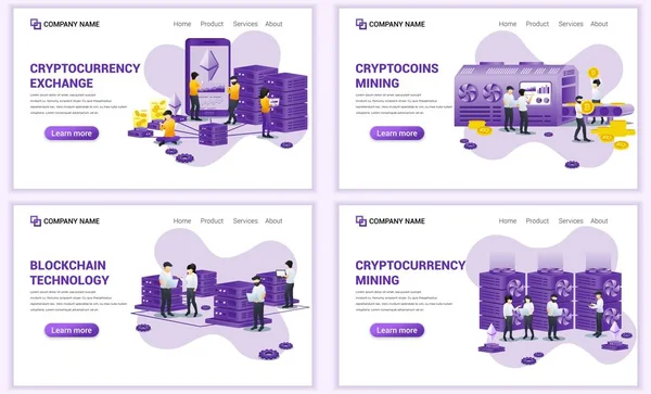 Set Web Page Design Templates Block Chain Cryptocurrency Concept Can — ストックベクタ