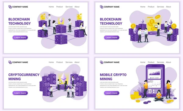 Set Web Page Design Templates Block Chain Cryptocurrency Concept Can — ストックベクタ