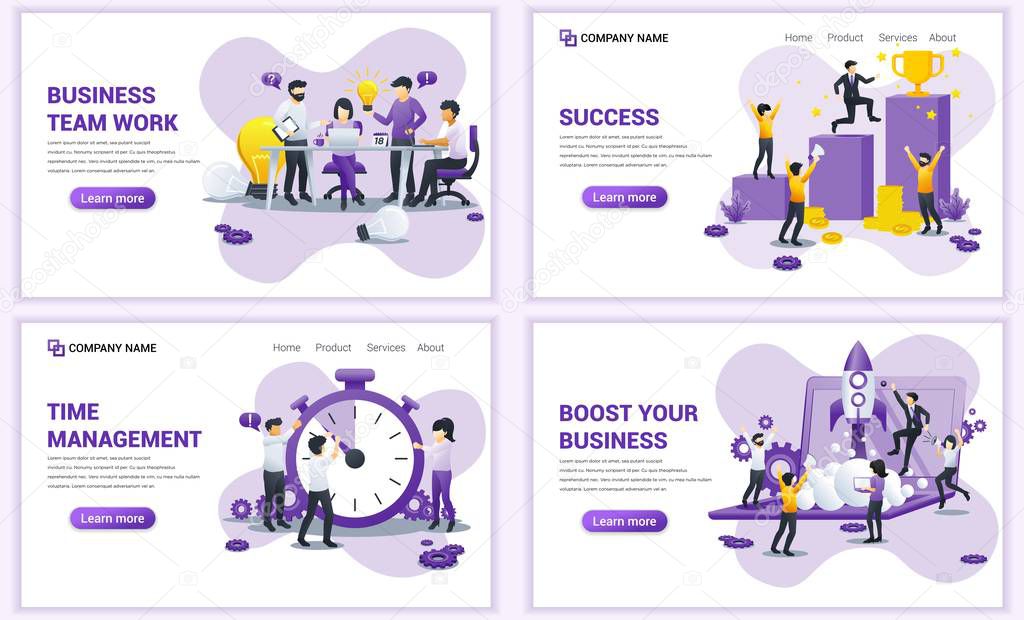 Set of web page design templates for startup business, time management and team work. Can use for web banner, poster, infographics, landing page, web template. Flat vector illustration