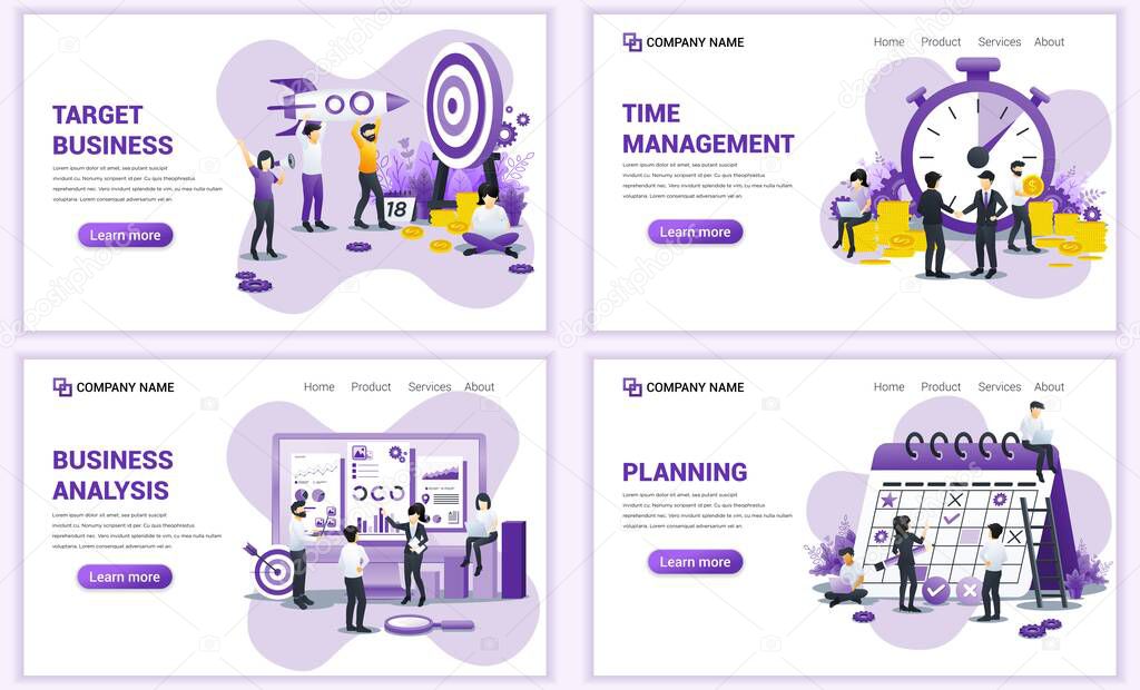 Set of web page design templates for target business, planning and time management. Can use for web banner, poster, infographics, landing page, web template. Flat vector illustration