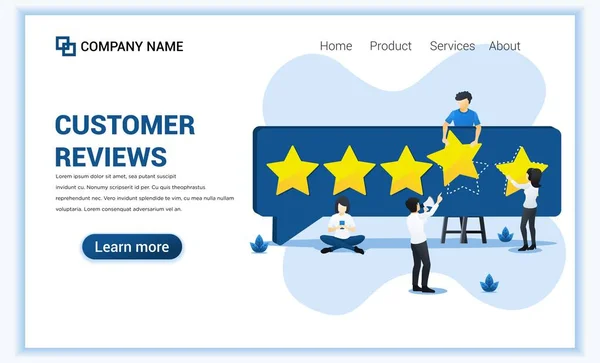 Customer reviews concept with people giving five stars rating, feedback positivo, satisfação e avaliação de produtos ou serviços. Pode usar para banner web, landing page. Ilustração vetorial —  Vetores de Stock