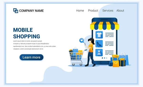 Concepto de compras móviles con teléfono móvil gigante que muestra productos de la tienda y el personaje de la mujer que lleva el carrito. Puede utilizar para la aplicación móvil, landing page, sitio web, banner, publicidad. Ilustración vectorial plana — Archivo Imágenes Vectoriales