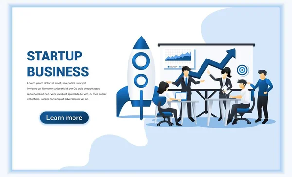 Starta företag koncept med människor i möte och arbetar på skärmen presentation. Kan användas för web banner, infographics, landningssida, webb mall. Vektorillustration — Stock vektor