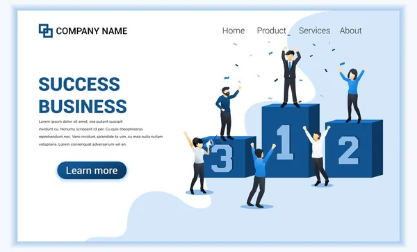 Concetto di successo banner web. Uomo d'affari che vince in competizione. Ottenere premio trofeo o premio per la realizzazione. business leader al successo. Illustrazione vettoriale piatto — Vettoriale Stock