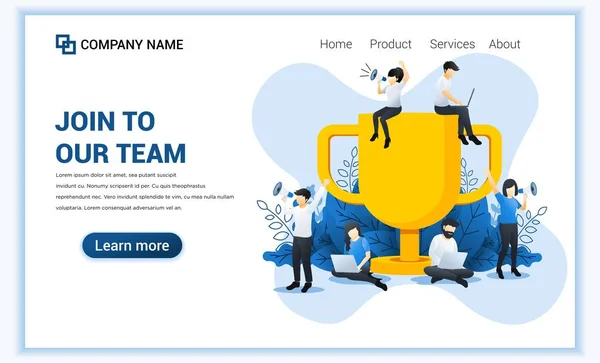 Rejoignez notre concept de bannière web d'équipe. les gens près du grand trophée sont à la recherche de partenaires et de nouveaux membres. Travail d'équipe d'affaires réussi. Illustration vectorielle plate — Image vectorielle