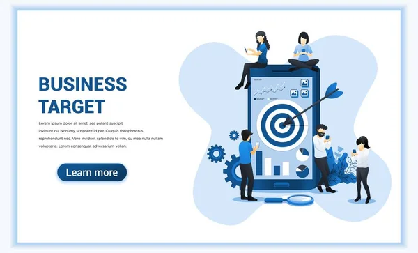 Business target concept design. People working together on giant mobile phone for reach the target. Goal achievement, Successful team work. Flat vector illustration