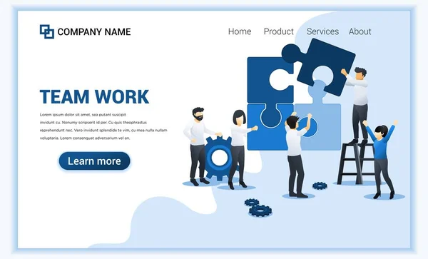 Takım çalışması web pankartı konsepti. Yapboz parçalarını birleştiren insanlar. İş liderliği, ortaklık, takım metaforu. Düz vektör illüstrasyonu