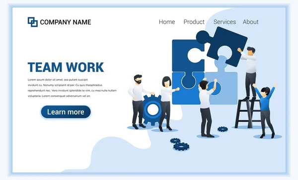 Koncept týmové práce na webu. lidé spojující skládačku. obchodní vedení, partnerství, týmová metafora. Plochá vektorová ilustrace — Stockový vektor