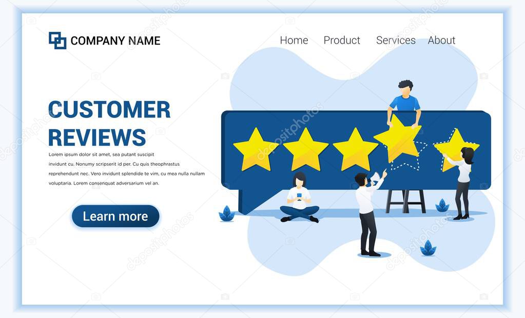 Customer reviews concept with people giving five stars rating, positive feedback, satisfaction and evaluation for product or services. Can use for web banner, landing page. Vector illustration