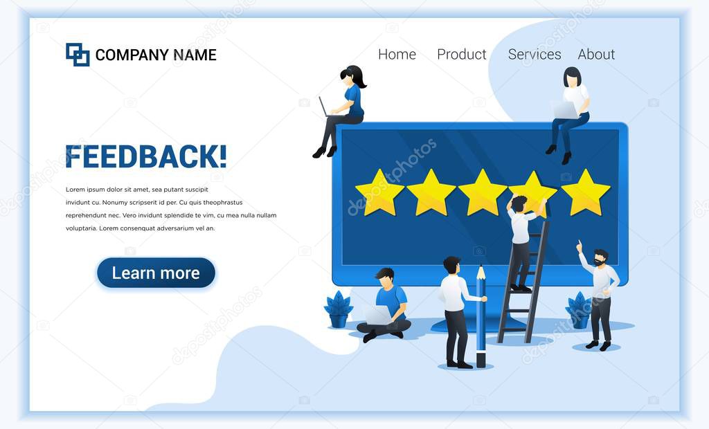 People giving five stars rating, positive feedback, satisfaction and evaluation on giant laptop. Can use for web banner, landing page. Vector illustration