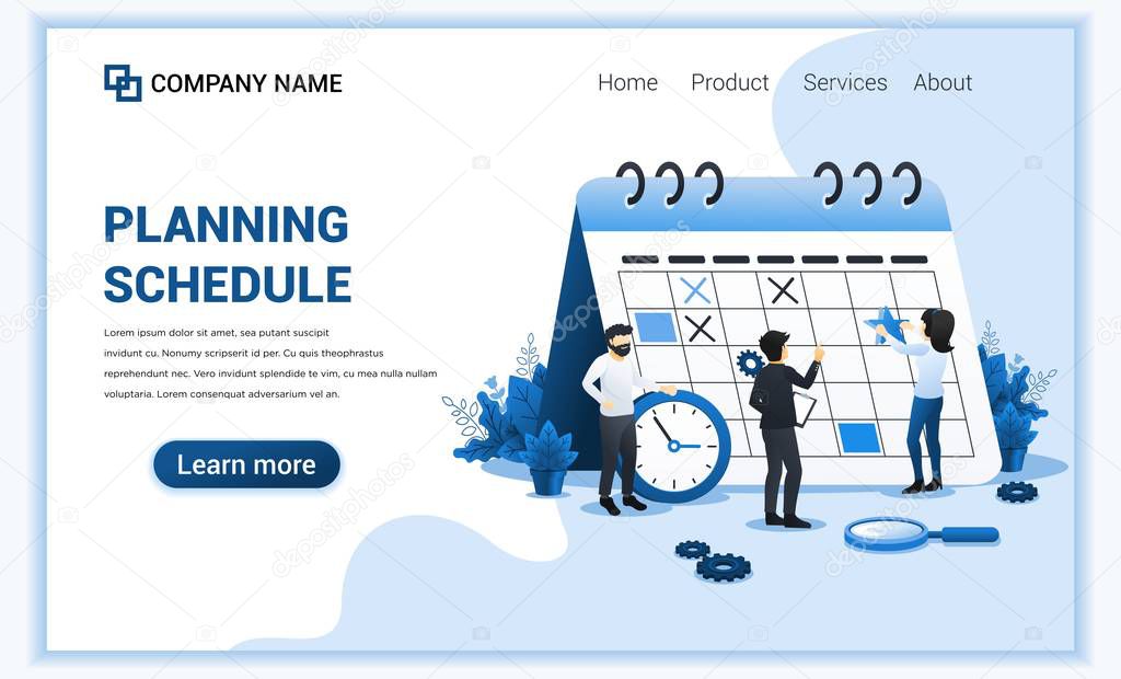 Planning Schedule concept. People filling out the schedule on giant calendar, work planning, work in progress. Can use for web banner, landing page, infographics. Flat vector illustration