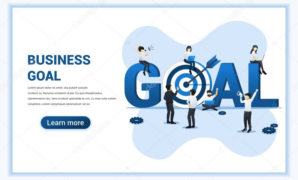 Business goal concept design. People work, sit and stand near the big GOAL symbol. Target with an arrow, reach the target, goal achievement. Flat vector illustration