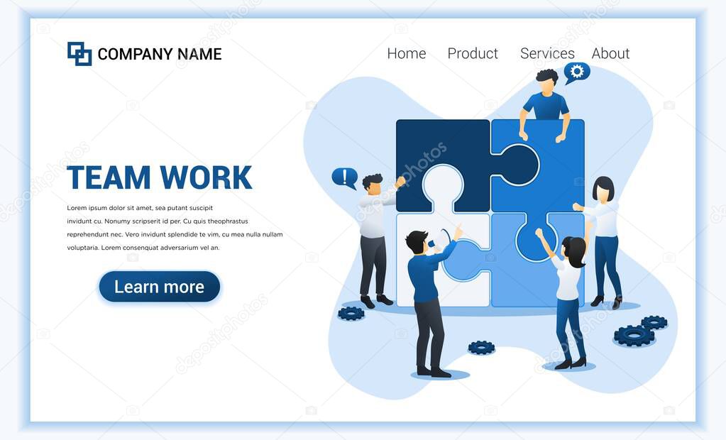 Team work web banner concept. people together connecting piece jigsaw puzzle. business leadership, partnership, team metaphor. Flat vector illustration