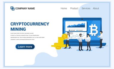 Ekranda çalışan insanlar ve grafik verileri gösteren dizüstü bilgisayarlı kripto para madenciliği kavramı. Bitcoin madenciliği. Web afişi, bilgi grafikleri, iniş sayfası için kullanılabilir. Modern düz vektör illüstrasyonu