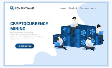 Bilgisayarda bitcoin madenciliği yapan insanlarla kripto para madenciliği kavramı. Dijital para, yatırım, finans ve ticaret. İniş sayfası olarak kullanılabilir. Modern düz vektör illüstrasyonu