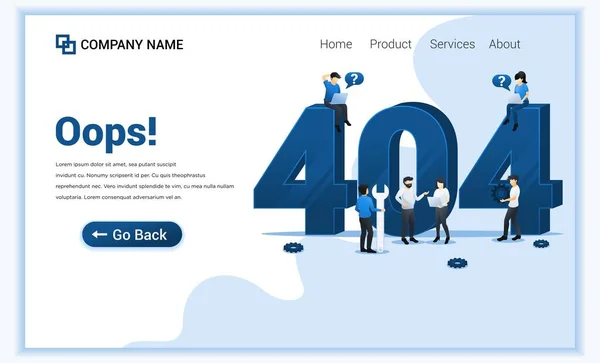 404 foutpagina niet gevonden concept met mensen die proberen om fout te herstellen op de website pagina in de buurt van groot symbool 404. Kan gebruikt worden voor web banner, landing page, website template. Moderne vlakke vector illustratie — Stockvector