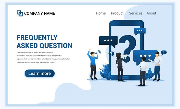 Často kladené otázky koncept s lidmi, kteří žádají o on-line centrum podpory prostřednictvím mobilního telefonu. Lze použít pro web banner, přistávací stránku. Moderní plochá vektorová ilustrace — Stockový vektor