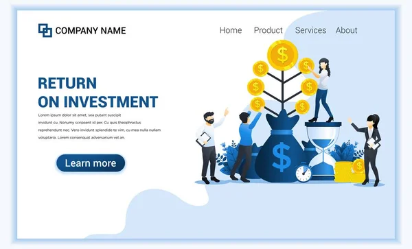 Geld investeren concept met mensen groeien munten, financiële groei stijgt tot succes, winst-inkomsten. Kan gebruikt worden voor web banner, infographics, landing page, web template. Moderne vlakke vector illustratie — Stockvector