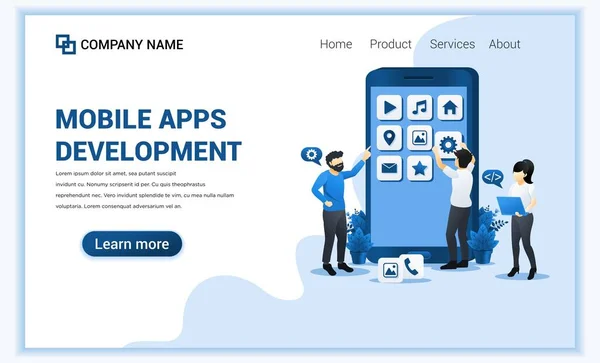 Koncepcja tworzenia aplikacji mobilnych z ludźmi budującymi i tworzącymi aplikacje jako programiści. Może być używany do banera, biznesu, aplikacji mobilnych, strony lądowania, projektowania stron internetowych. Ilustracja wektora płaskiego — Wektor stockowy