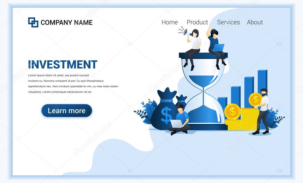 Business investment concept with women sitting on hourglass and man collect coin money. Can use for web banner, infographics, landing page, web template. Modern flat vector illustration