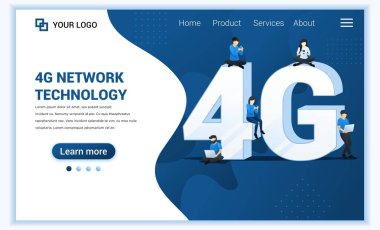 4G ağ teknolojisi konsepti. İnternet sistemleri telekomünikasyon servisi. İnsanlar yüksek hızlı kablosuz bağlantı 4G kullanarak büyük 4G sembolünün üzerinde oturup duruyorlar. Düz vektör illüstrasyonu